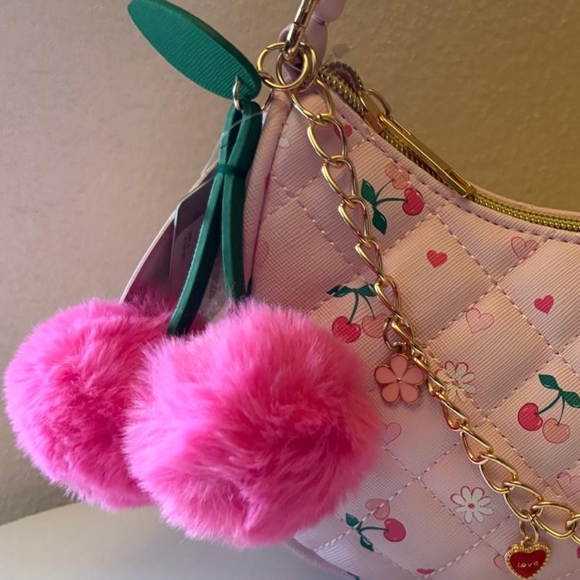 Y2K Pink Quilted Baguette Bag Cherry Print with Pom Pom Charm- NWT Under One Sky - Picture 7 of 11